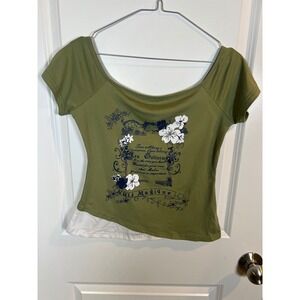 SHEIN Women Short Sleeve Graphic Tee Asymmetric Layered Hem Olive Green Size S